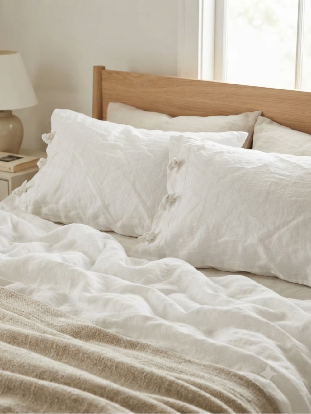 2 x Vintage Linen White Pillowcases with Tie Knots Minimalist Retro Cottagecore